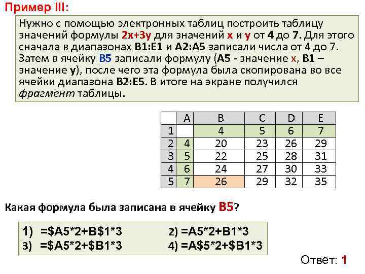 Пример III: Нужно с помощью электронных таблиц построить таблицу значений формулы 2 х+3 у