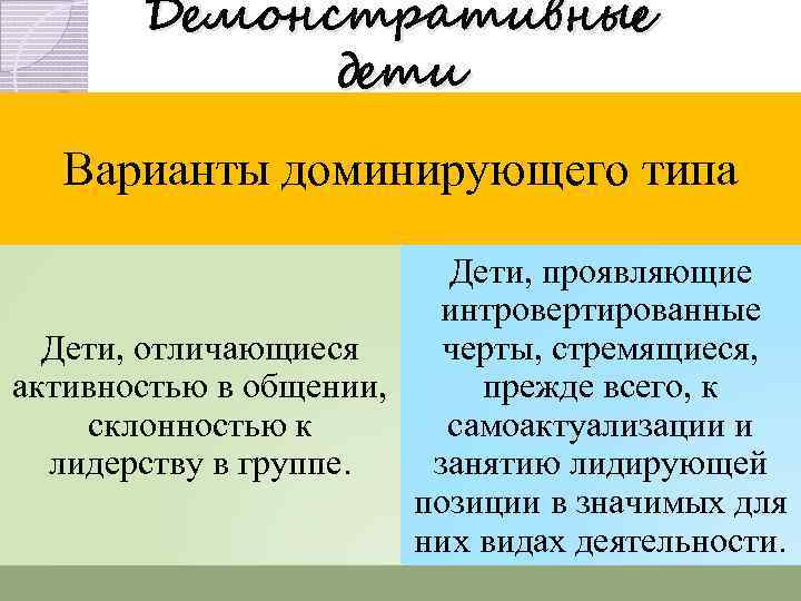 Демонстративные дети Варианты доминирующего типа Дети, проявляющие интровертированные Дети, отличающиеся черты, стремящиеся, активностью в