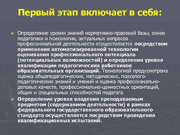 Первый этап включает в себя: Определение уровня знаний нормативно-правовой базы, основ педагогики и психологии,