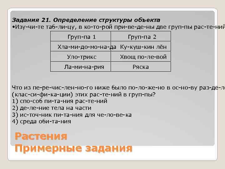 Задания 21. Определение структуры объекта • Изу чи те таб ли цу, в ко