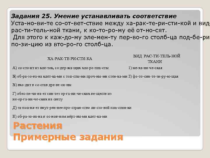 Задания 25. Умение устанавливать соответствие Уста но ви те со от вет ствие между