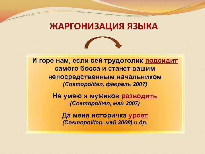 ЖАРГОНИЗАЦИЯ ЯЗЫКА И горе нам, если сей трудоголик подсидит самого босса и станет вашим