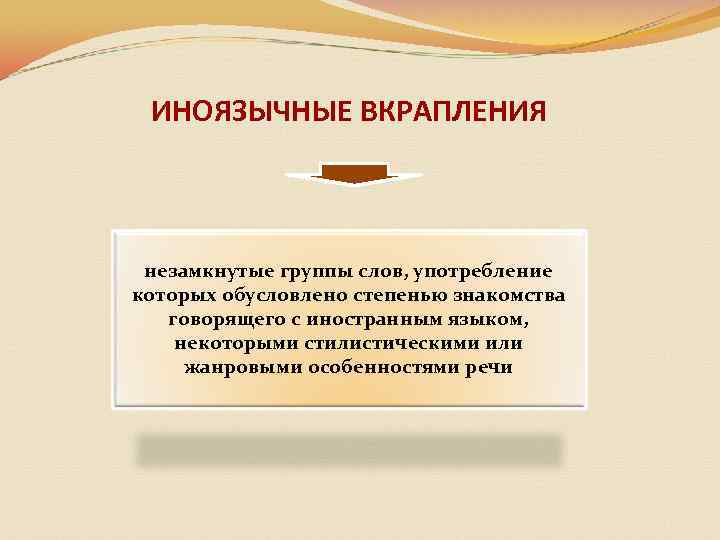 ИНОЯЗЫЧНЫЕ ВКРАПЛЕНИЯ незамкнутые группы слов, употребление которых обусловлено степенью знакомства говорящего с иностранным языком,