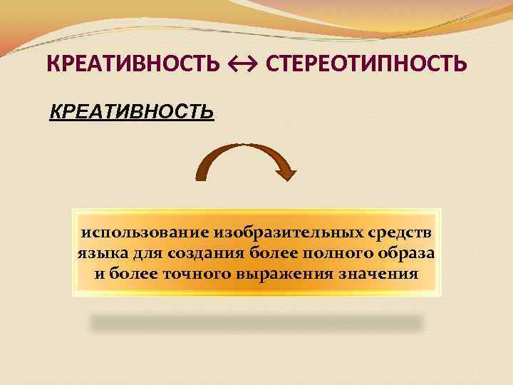 КРЕАТИВНОСТЬ ↔ СТЕРЕОТИПНОСТЬ КРЕАТИВНОСТЬ использование изобразительных средств языка для создания более полного образа и