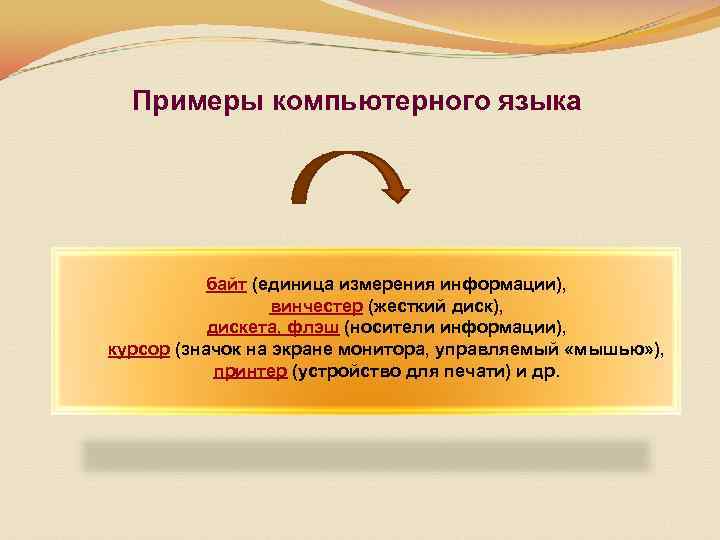 Примеры компьютерного языка байт (единица измерения информации), винчестер (жесткий диск), дискета, флэш (носители информации),