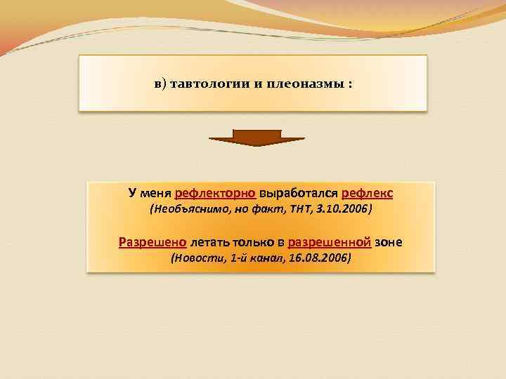 в) тавтологии и плеоназмы : У меня рефлекторно выработался рефлекс (Необъяснимо, но факт, ТНТ,