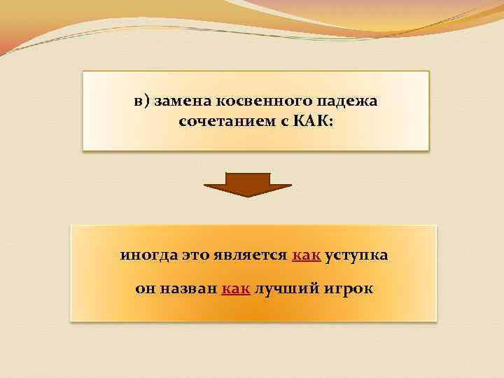 в) замена косвенного падежа сочетанием с КАК: иногда это является как уступка он назван