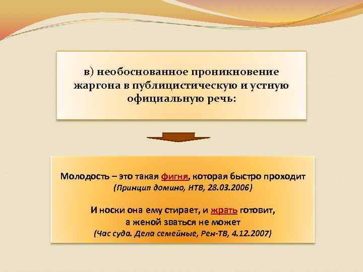 в) необоснованное проникновение жаргона в публицистическую и устную официальную речь: Молодость – это такая