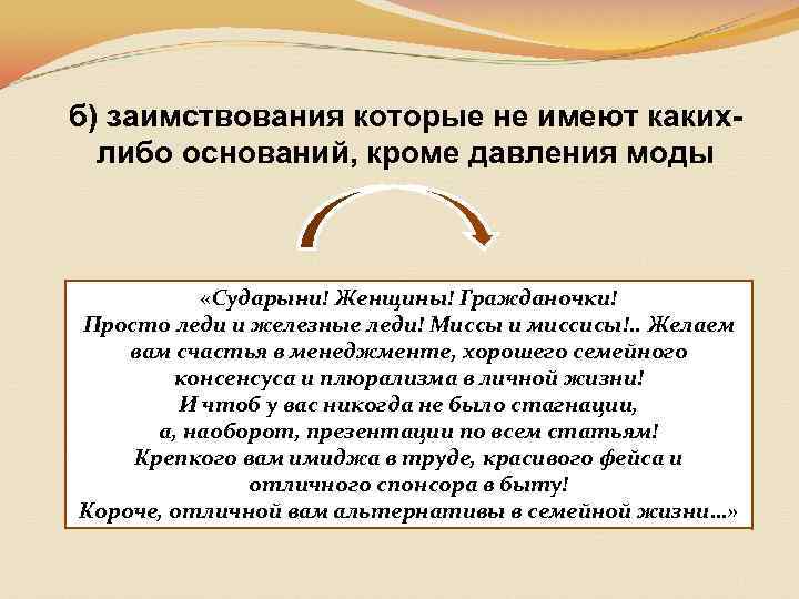 б) заимствования которые не имеют какихлибо оснований, кроме давления моды «Сударыни! Женщины! Гражданочки! Просто