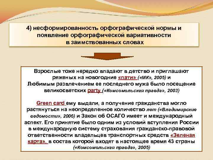 4) несформированность орфографической нормы и появление орфографической вариативности в заимствованных словах Взрослые тоже нередко