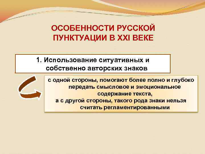 ОСОБЕННОСТИ РУССКОЙ ПУНКТУАЦИИ В ХХI ВЕКЕ 1. Использование ситуативных и собственно авторских знаков с