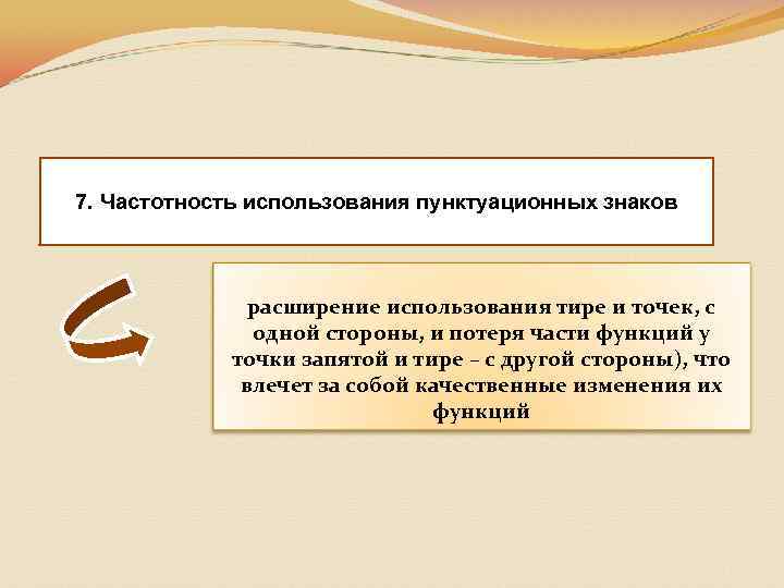 7. Частотность использования пунктуационных знаков расширение использования тире и точек, с одной стороны, и