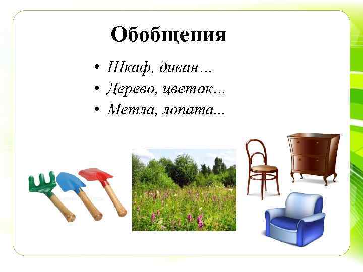 Обобщения • Шкаф, диван… • Дерево, цветок… • Метла, лопата. . . 