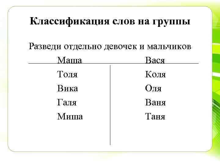 Классификация слов на группы Разведи отдельно девочек и мальчиков Маша Вася Толя Коля Вика
