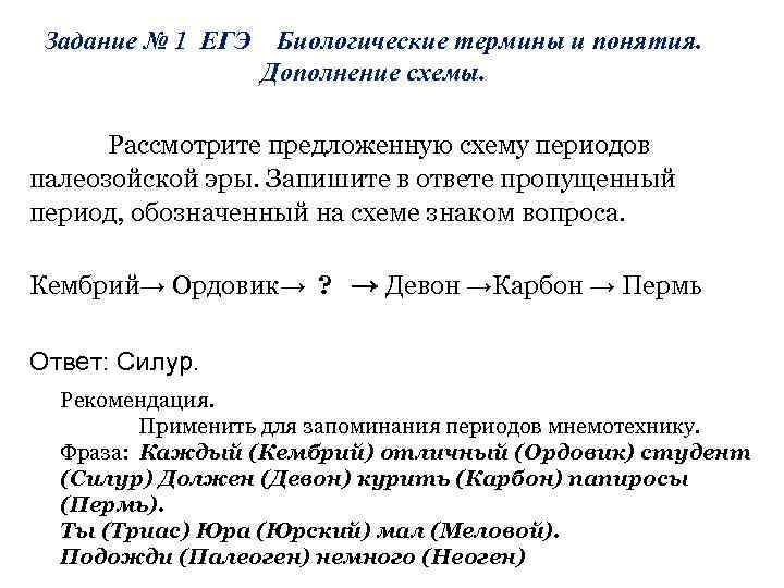Задание № 1 ЕГЭ Биологические термины и понятия. Дополнение схемы. Рассмотрите предложенную схему периодов