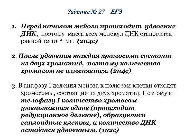 Задание № 27 ЕГЭ 1. Перед началом мейоза происходит удвоение ДНК, поэтому масса всех