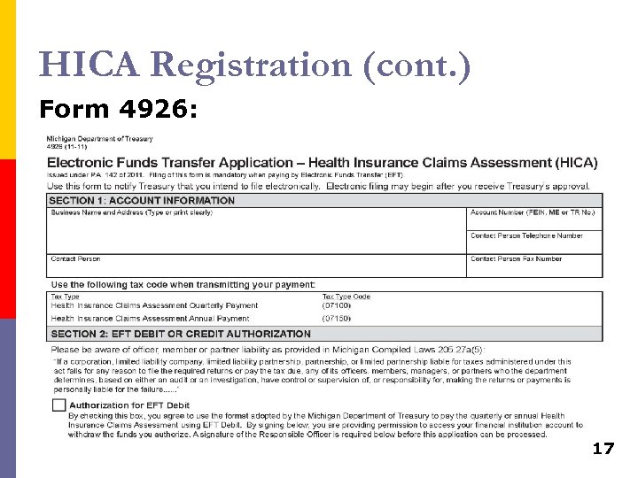 HICA Registration (cont. ) Form 4926: 17 