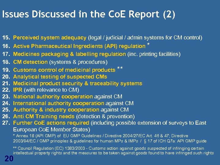 Issues Discussed in the Co. E Report (2) 15. 16. 17. 18. 19. 20.