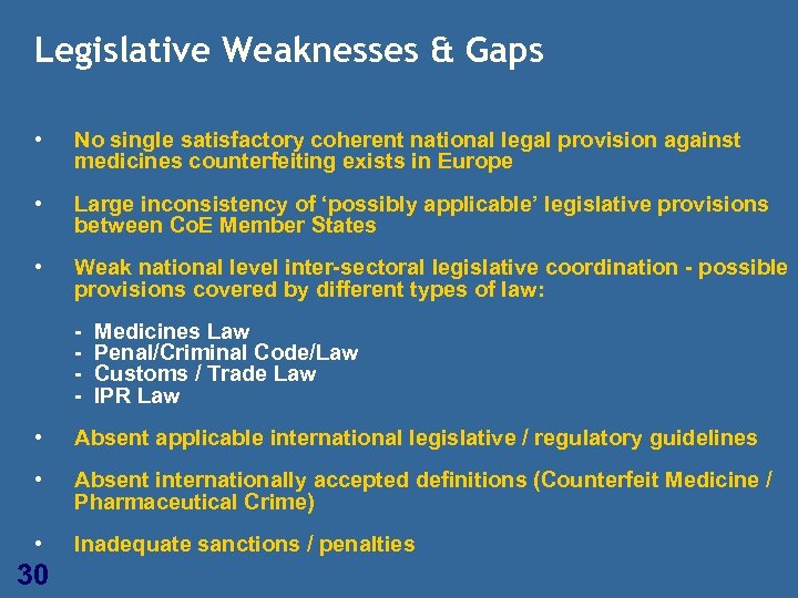 Legislative Weaknesses & Gaps • No single satisfactory coherent national legal provision against medicines
