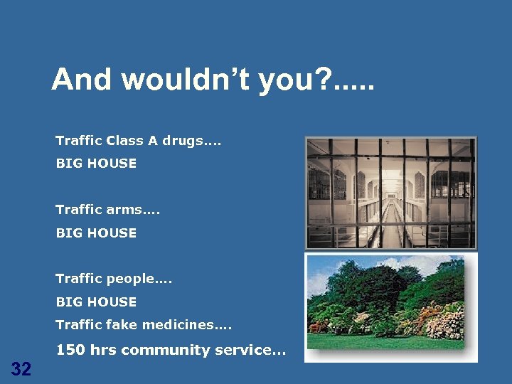 And wouldn’t you? . . . Traffic Class A drugs. . BIG HOUSE Traffic