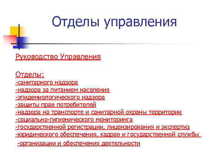 Отделы управления Руководство Управления Отделы: -санитарного надзора -надзора за питанием населения -эпидемиологического надзора -защиты