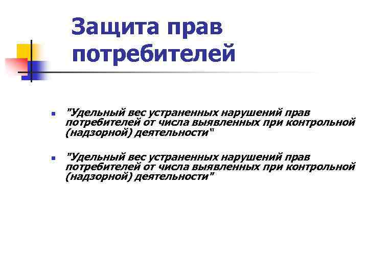 Защита прав потребителей n n "Удельный вес устраненных нарушений прав потребителей от числа выявленных