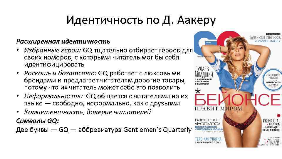 Идентичность по Д. Аакеру Расширенная идентичность • Избранные герои: GQ тщательно отбирает героев для