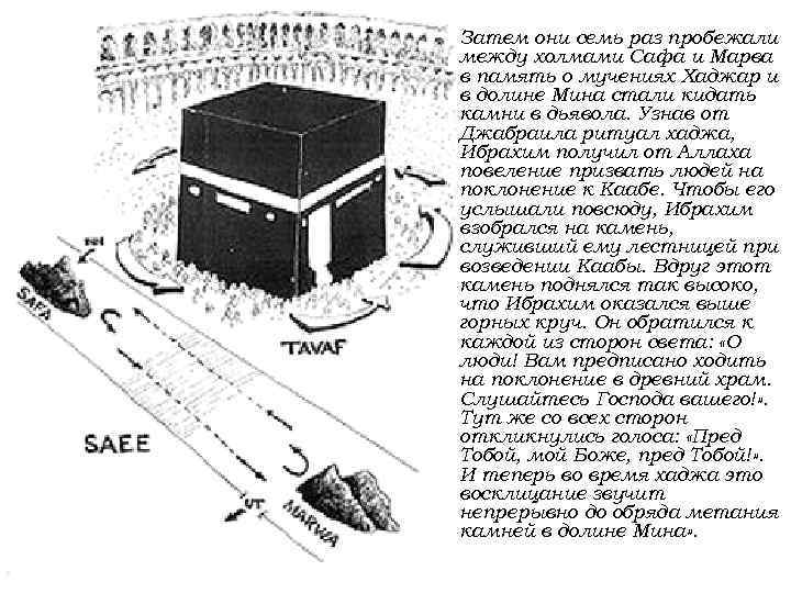 Затем они семь раз пробежали между холмами Сафа и Марва в память о мучениях