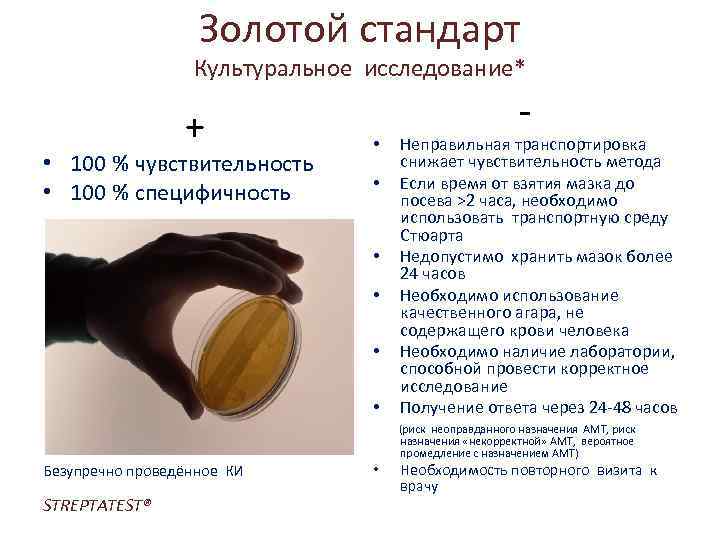 Золотой стандарт Культуральное исследование* + • 100 % чувствительность • 100 % специфичность •