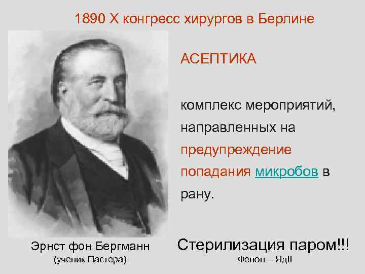 1890 X конгресс хирургов в Берлине АСЕПТИКА комплекс мероприятий, направленных на предупреждение попадания микробов