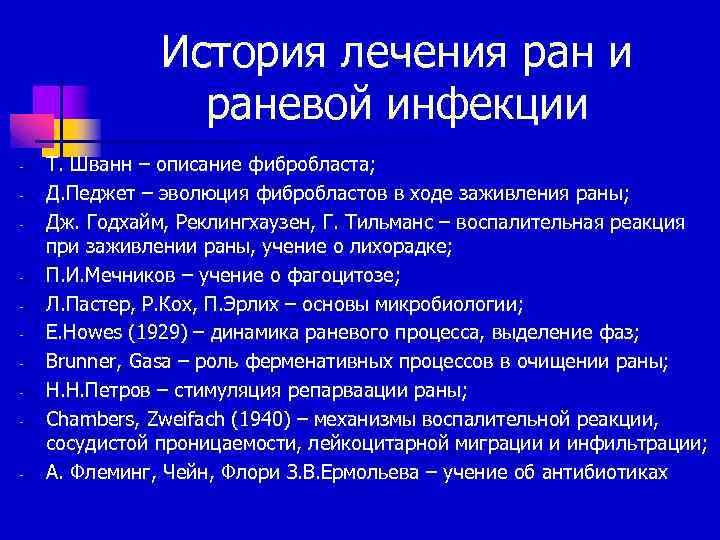 История лечения ран и раневой инфекции - - - Т. Шванн – описание фибробласта;