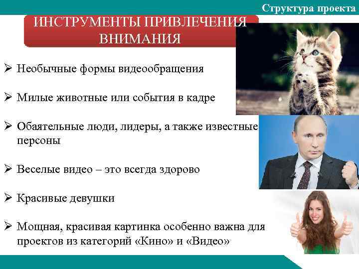 Структура проекта ИНСТРУМЕНТЫ ПРИВЛЕЧЕНИЯ ВНИМАНИЯ Ø Необычные формы видеообращения Ø Милые животные или события