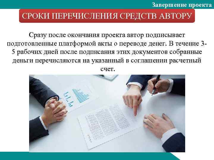 Завершение проекта СРОКИ ПЕРЕЧИСЛЕНИЯ СРЕДСТВ АВТОРУ Сразу после окончания проекта автор подписывает подготовленные платформой