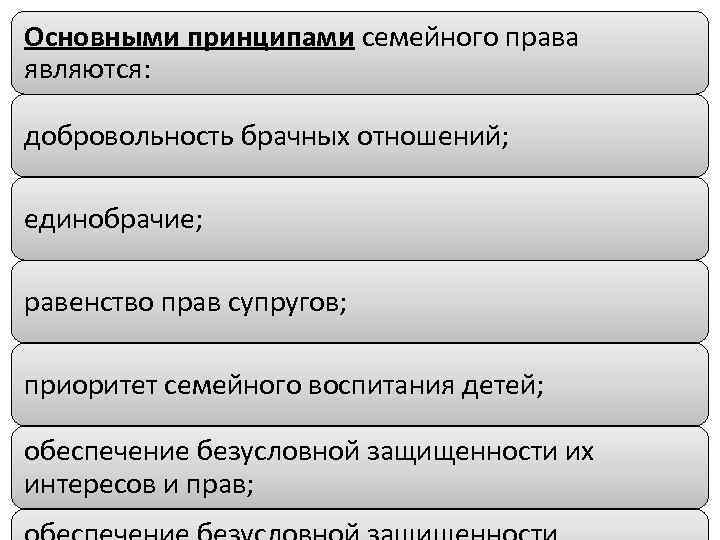 Основными принципами семейного права являются: добровольность брачных отношений; единобрачие; равенство прав супругов; приоритет семейного