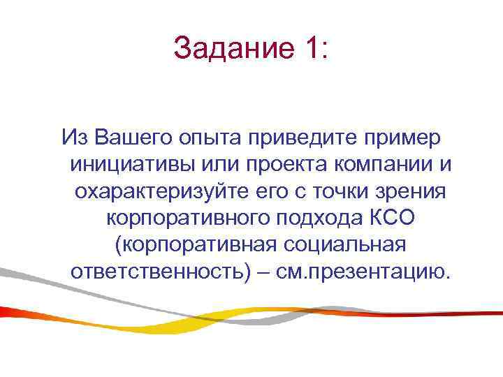 Задание 1: Из Вашего опыта приведите пример инициативы или проекта компании и охарактеризуйте его