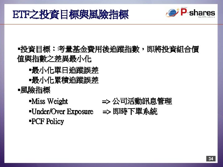 ETF之投資目標與風險指標 §投資目標：考量基金費用後追蹤指數，即將投資組合價 值與指數之差異最小化 §最小化單日追蹤誤差 §最小化累積追蹤誤差 §風險指標 §Miss Weight => 公司活動訊息管理 §Under/Over Exposure => 即時下單系統