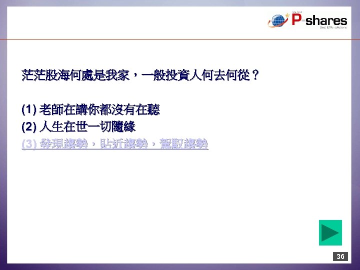 茫茫股海何處是我家，一般投資人何去何從？ (1) 老師在講你都沒有在聽 (2) 人生在世一切隨緣 (3) 發現趨勢，貼近趨勢，駕馭趨勢 36 