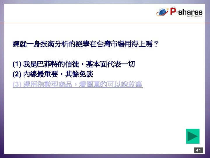 練就一身技術分析的絕學在台灣市場用得上嗎？ (1) 我是巴菲特的信徒，基本面代表一切 (2) 內線最重要，其餘免談 (3) 運用指數型商品，看圖真的可以說故事 41 