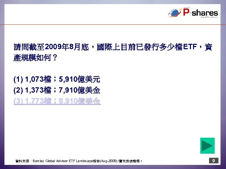 請 問 截 至 2009年 8月 底 ， 國 際 上 目 前 已