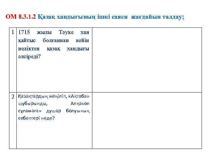 ОМ 8. 3. 1. 2 Қазақ хандығының ішкі саяси жағдайын талдау; 1 1718 жылы
