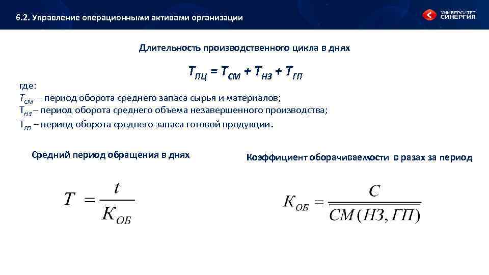 6. 2. Управление операционными активами организации Длительность производственного цикла в днях ТПЦ = ТСМ