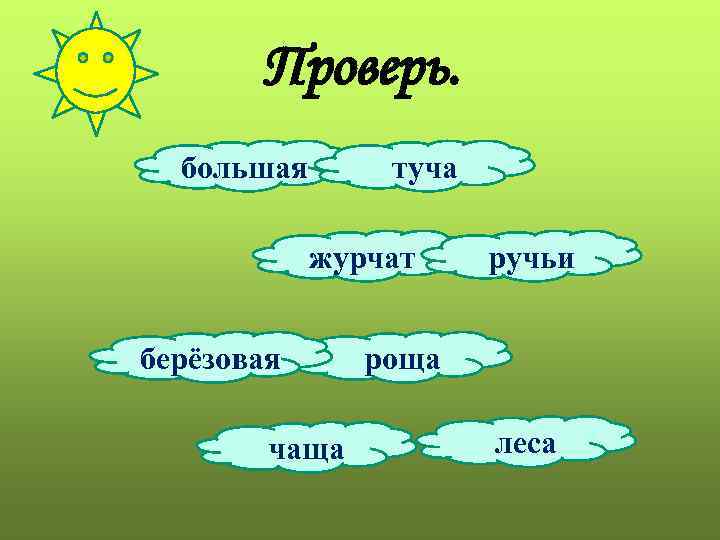 Проверь. большая туча журчат берёзовая чаща ручьи роща леса 