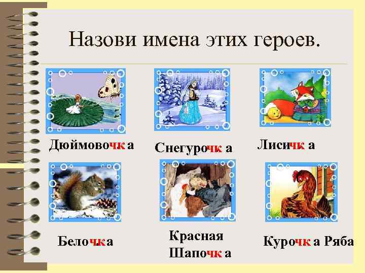 Назови имена этих героев. Дюймовочк а. Бело чк а. Снегурочк а. Красная Шапочк а.