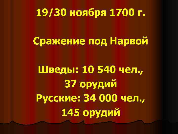 19/30 ноября 1700 г. Сражение под Нарвой Шведы: 10 540 чел. , 37 орудий