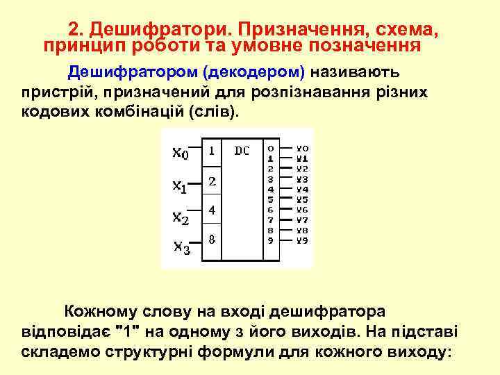 2. Дешифратори. Призначення, схема, принцип роботи та умовне позначення Дешифратором (декодером) називають пристрій, призначений