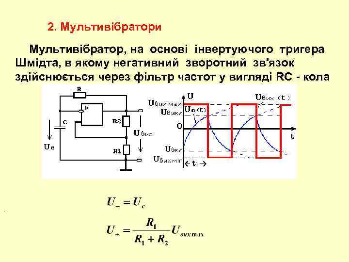 2. Мультивібратори Mультивібратор, на основі інвертуючого тригера Шмідта, в якому негативний зворотний зв'язок здійснюється