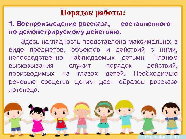 Порядок работы: 1. Воспроизведение рассказа, составленного по демонстрируемому действию. Здесь наглядность представлена максимально: в