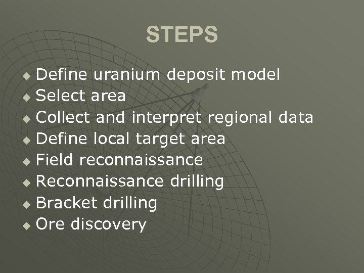 STEPS Define uranium deposit model u Select area u Collect and interpret regional data