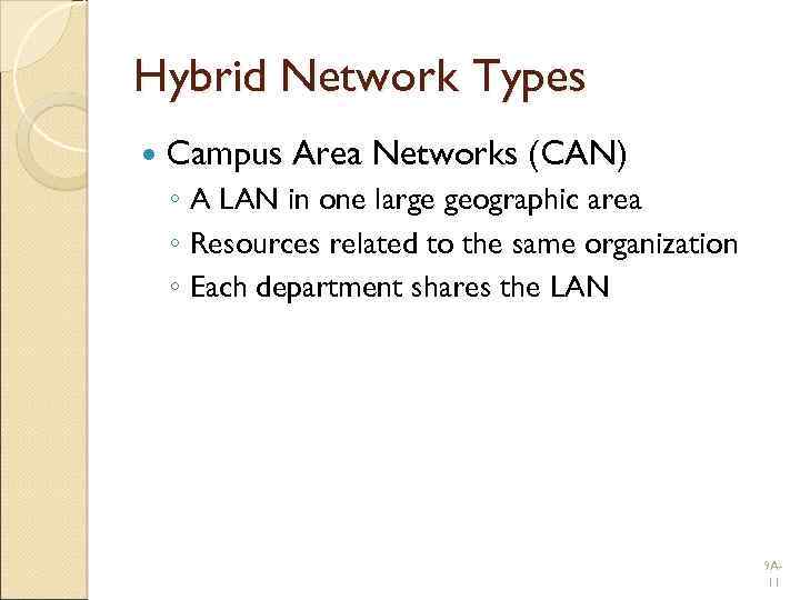 Hybrid Network Types Campus Area Networks (CAN) ◦ A LAN in one large geographic