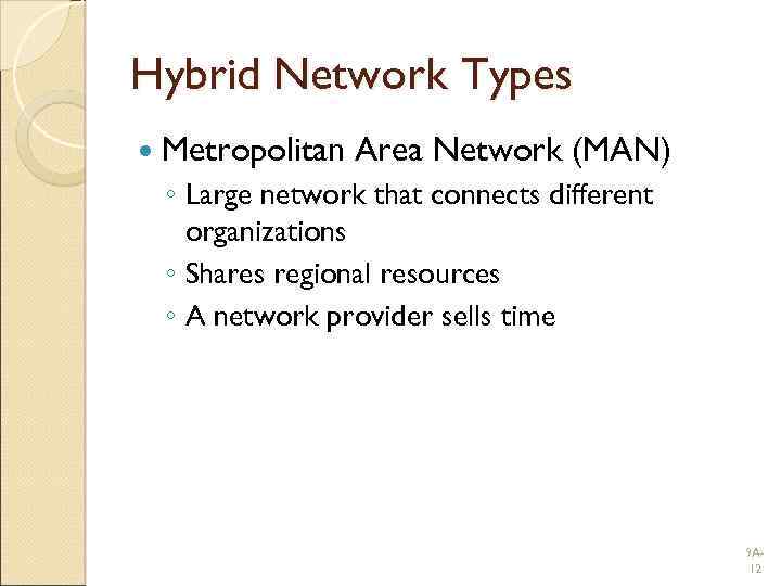 Hybrid Network Types Metropolitan Area Network (MAN) ◦ Large network that connects different organizations